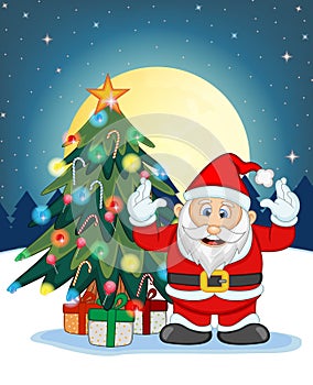 Santa Claus, Snow, Christmas Tree and Full Moon At Night For Your Design Vector Illustration