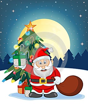 Santa Claus, Snow, Christmas Tree and Full Moon At Night For Your Design Vector Illustration