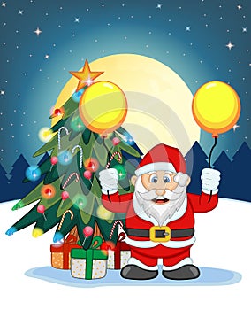 Santa Claus, Snow, Christmas Tree and Full Moon At Night For Your Design Vector Illustration