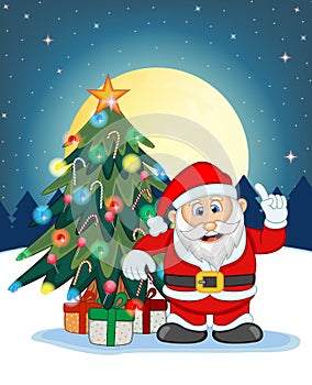 Santa Claus, Snow, Christmas Tree and Full Moon At Night For Your Design Vector Illustration