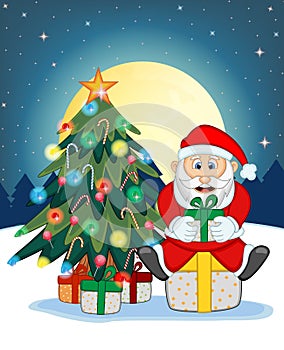 Santa Claus, Snow, Christmas Tree and Full Moon At Night For Your Design Vector Illustration