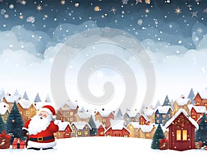 Santa claus and Snow in little town with shiny light for Christmas and New Year holidays background, copy space for text