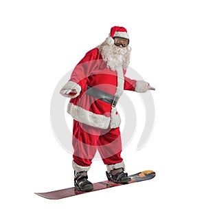 Santa Claus with snowboard in a beach