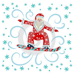 Santa Claus snowboarder and snowflakes. Christmas vector illustration. Cartoon character jumping on a snowboard. Winter sport.