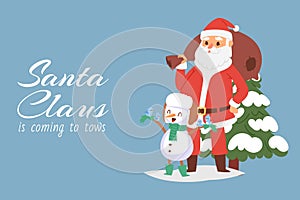 Santa Claus and snowman with birds vector cartoon illustration. Merry Christmas and happy new year companions, Santa