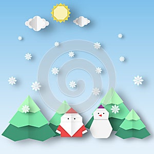 Santa Claus and snowman with Christmas landscape