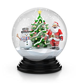 Santa Claus Snowman and Christmas tree inside snow globe