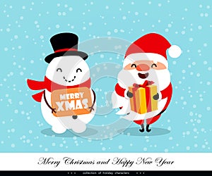 Santa Claus and Snowman with congratulations and a gift. Emotional Christmas and New Year`s characters. Humorous xmas collection.