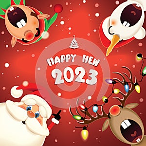 Santa Claus,Snowman,Elf and decorated Reindeer with luminous electric garland singing Christmas carol in the winter snow scene,