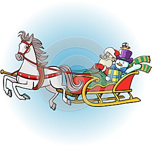 Santa Claus and Snowman in a horse-drawn sleigh