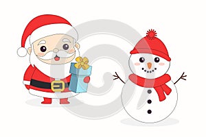 Santa Claus and Snowman. Merry Christmas icon set. Cute cartoon kawaii funny smiling baby character. Hands up. Gift box present