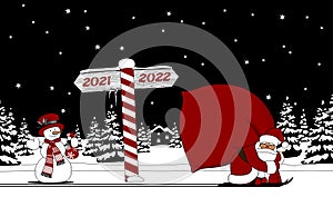 Santa Claus and Snowman with a New Year sign in the the night winter forest
