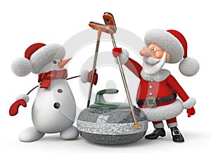 Santa Claus and snowman plays curling