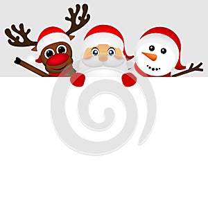 Santa Claus with snowman and reindeer peeking out from behind a