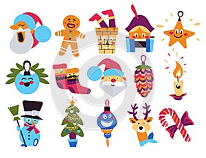 Santa claus and snowman, reindeer and Xmas tree, Christmas symbols
