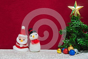 Santa claus, snowman wool doll, green xmas tree with glittering