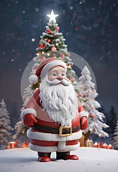 Santa Claus by snowy Christmas tree with ornaments, wearing red hat and beard