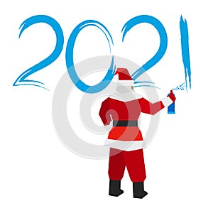 Santa Claus with sprayer writes number 2021. Painter draw a