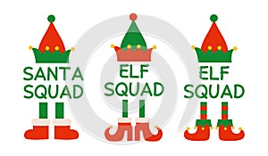 Santa Claus squad Christmas design. Cartoon elf squad isolated illustrations. Elf hat and elf shoes. Christmas monogram