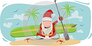 santa claus with stand up paddle cartoon on summer background