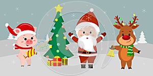 Santa Claus is standing with arms raised near the Christmas tree with gifts. A cute pig with a clapperboard, a deer with a bell