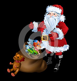 Santa Claus standing with a bag full of gifts and toys.