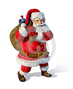 Santa Claus standing with a bag having toys inisde