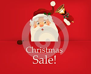 Santa Claus standing behind a blank sign, showing on big blank sign. Christmas advertising design. Christmas Sale Season Design