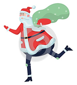 Santa Claus standing with a big backbag full of presents. Cute