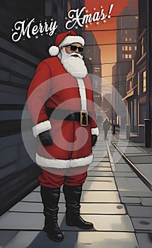 Santa Claus standing in front of a cityscape at night, Merry Xmas