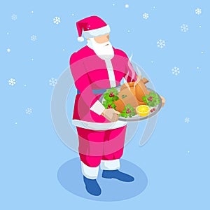 Santa Claus standing holding roasted turkey with vegetables on a platter. Christmas turkey. Thanksgiving dinner