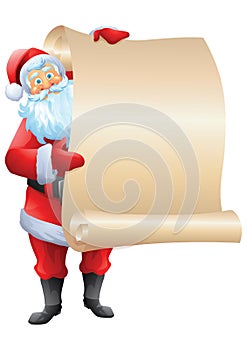 Santa claus standing and holding wishlist isolated photo