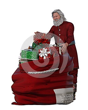 Santa Claus standing by a large sack of Christmas presents. Isolated 3D rendering