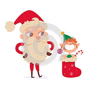 Santa Claus standing near funny elf sitting in stocking with Christmas candy gifts