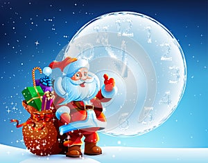 Santa Claus is standing in the snow with a bag of gifts on background sky