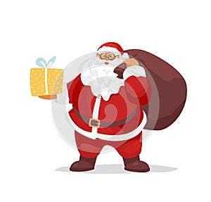 Santa Claus stands with a big sack and a gift box in his hand. Flat cartoon vector design for Christmas, New Year sale