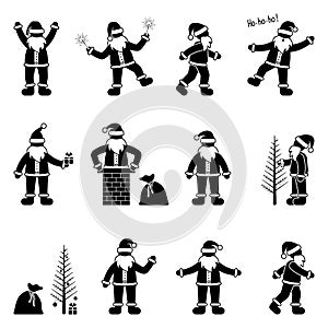 Santa Claus stick figure snowman vector set. Stickman with new year tree, waving, jumping in chimney icon pictogram