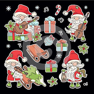 SANTA CLAUS STICKERS Cartoon Musical Vector Illustration Set