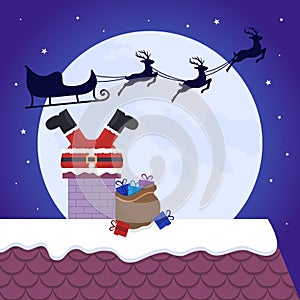 Santa Claus stuck in the chimney. Christmas card. Vector design.