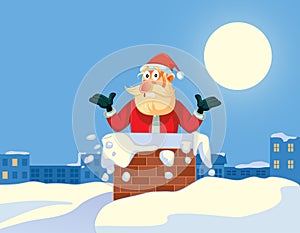 Santa Claus Stuck in a Chimney on Christmas Funny Vector Cartoon Illustration