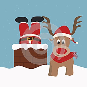 Santa Claus Stuck in the Chimney with Reindeer on the Snowy Roof