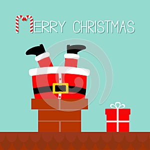 Santa Claus stuck in the chimney on the roof. Gift box. Red hat, costume, beard, belt buckle. Merry Christmas. Candy cane. Cute ca