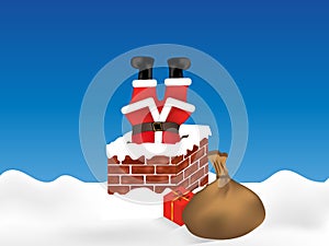 Santa Claus stuck in the chimney upside down and sack full of gifts. Christmas background. Vector