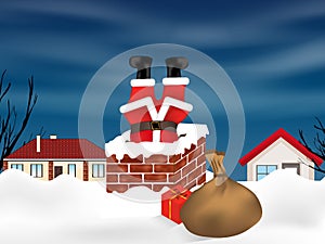Santa Claus stuck in the chimney upside down and sack full of gifts. Winter snowy landscape. Christmas background. Vector