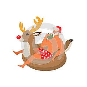 Santa Claus on summer vacation with reindeer inflatable swim ring.