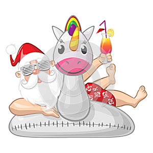 Santa Claus on summer vacation with Unicorn inflatable swim ring - wearing sunglasses