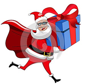 Santa Claus superhero delivering big xmas gift isolated