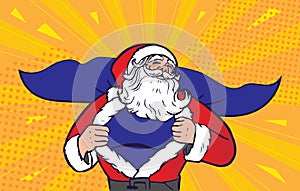 Santa claus superman tearing, ripping his clothes, christmas pop art poster. Vector