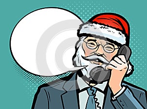 Santa Claus talking on the phone. Christmas concept. Pop art retro comic style. Cartoon vector illustration