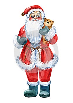 Santa Claus with teddy bear, Christmas watercolor illustration